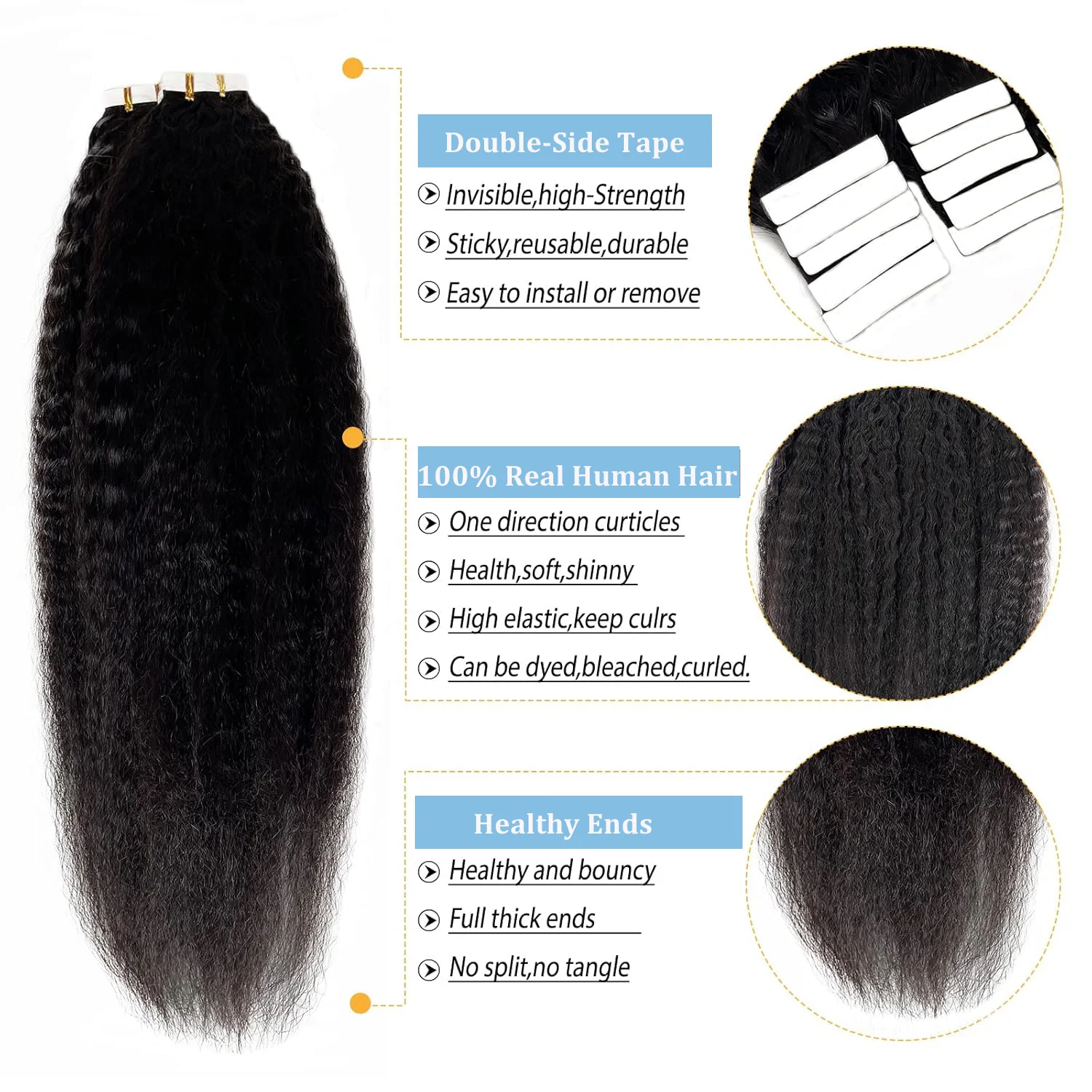 เทปใน Kinky ตรงต่อผมมนุษย์บราซิลผมกาว Extensions Weft ผิวสีดํา 100% ผมมนุษย์จริงสําหรับผู้หญิง