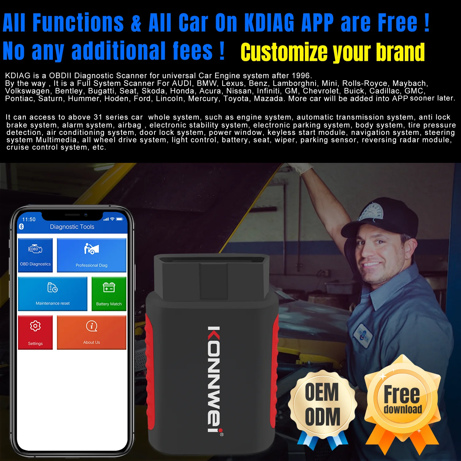 Konwei carro obd2 scanner conexão bluetooth app controle epb/dpf/oil/bms função de redefinição código de falhas vista carro obd ferramenta diagnóstico