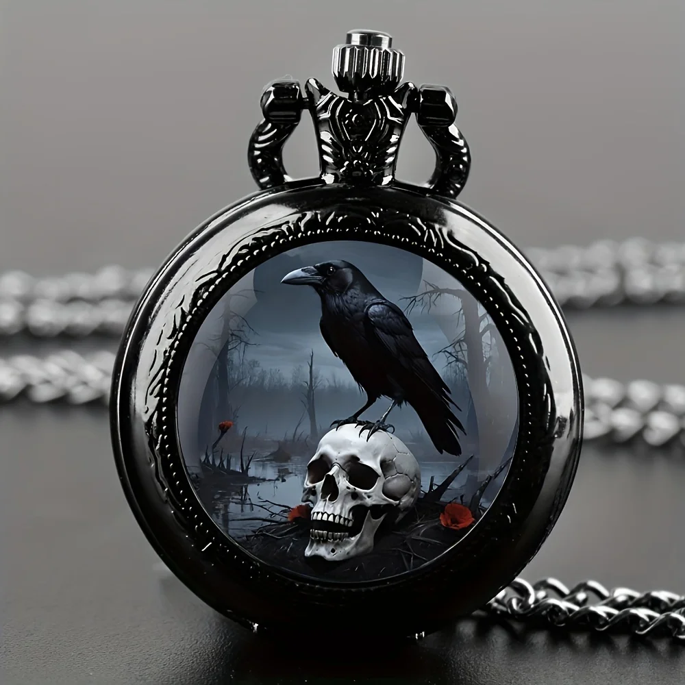 Wzór w stylu vintage gotyckim z motywem kruka i czaszki, z czarnym łańcuszkiem, mechanizmem kwarcowym, mini retro kieszonkowy zegarek na prezent na Halloween.
