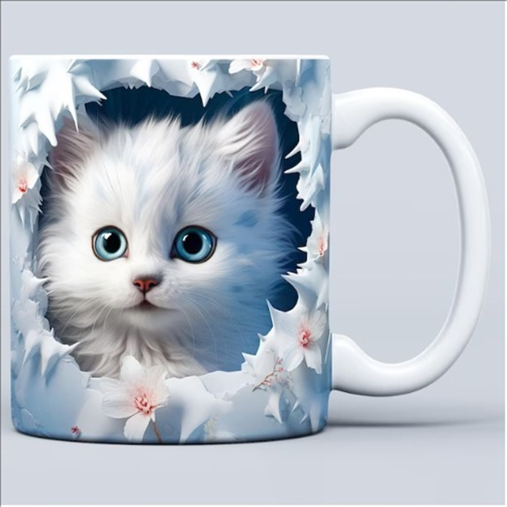 3D Flat Drawing Kitten Cat Snowflake Hole Ceramic Coffee Mark Cup Tea Water Cup New Hollow