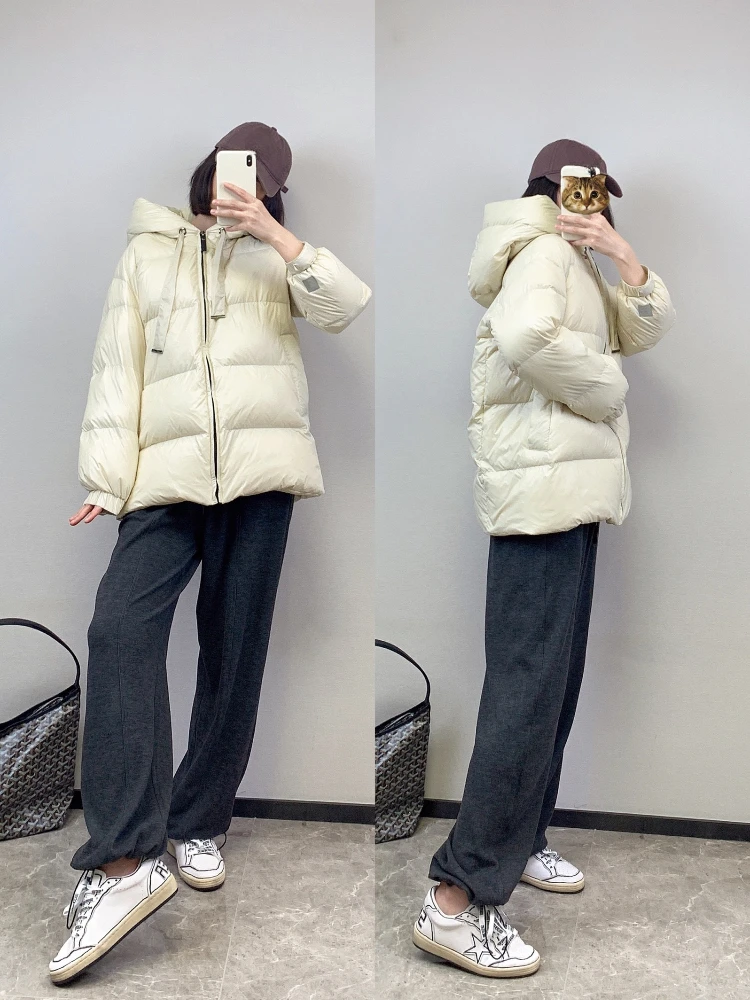 ฤดูหนาวใหม่ Drawstring Hooded ลงเสื้อแจ็คเก็ตผู้หญิงเป็ดสีขาวลงหนาสั้นปักเป้าแจ็คเก็ตหลวมสบายๆฤดูหนาวเสื้อผู้หญิง