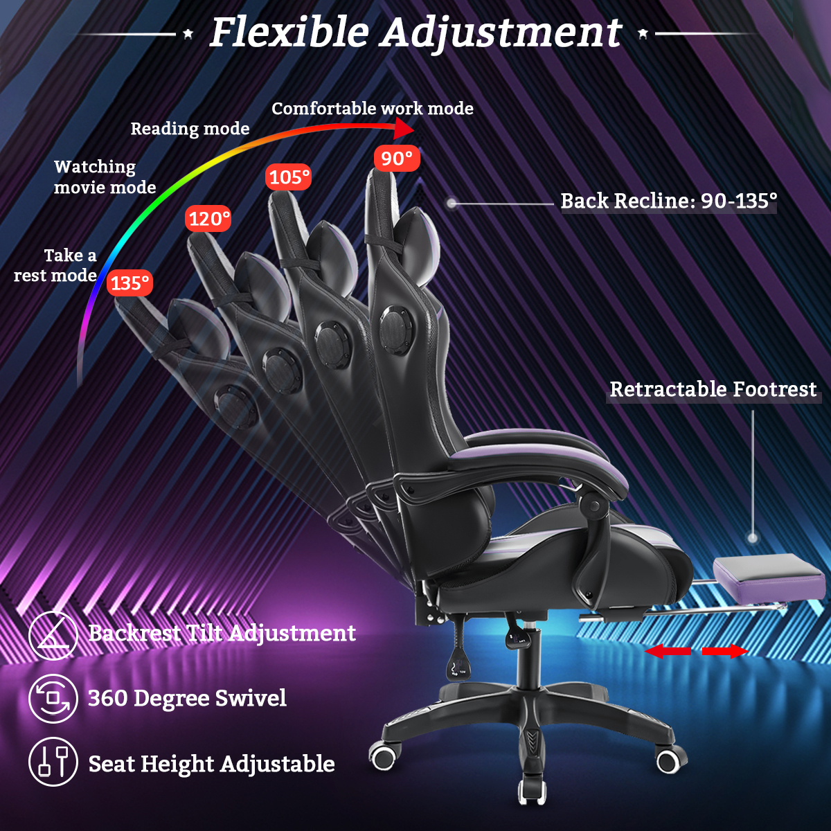 Gaming Chair with PVC Leather Massage Swivel Ergonomic Reclining High Back Office Chair Height Adjustable Headrest Lumbar Suppor