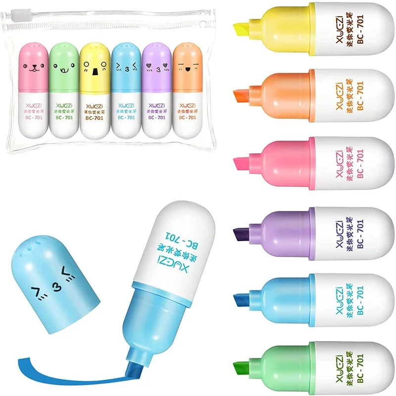 6Pcs Kawaii Mini Pillen Highlighter Pen-Set Nette Lustige Lächelndes Gesicht Fluoreszierende Marker Stift Schule Büro Kunst Schreibwaren supplie