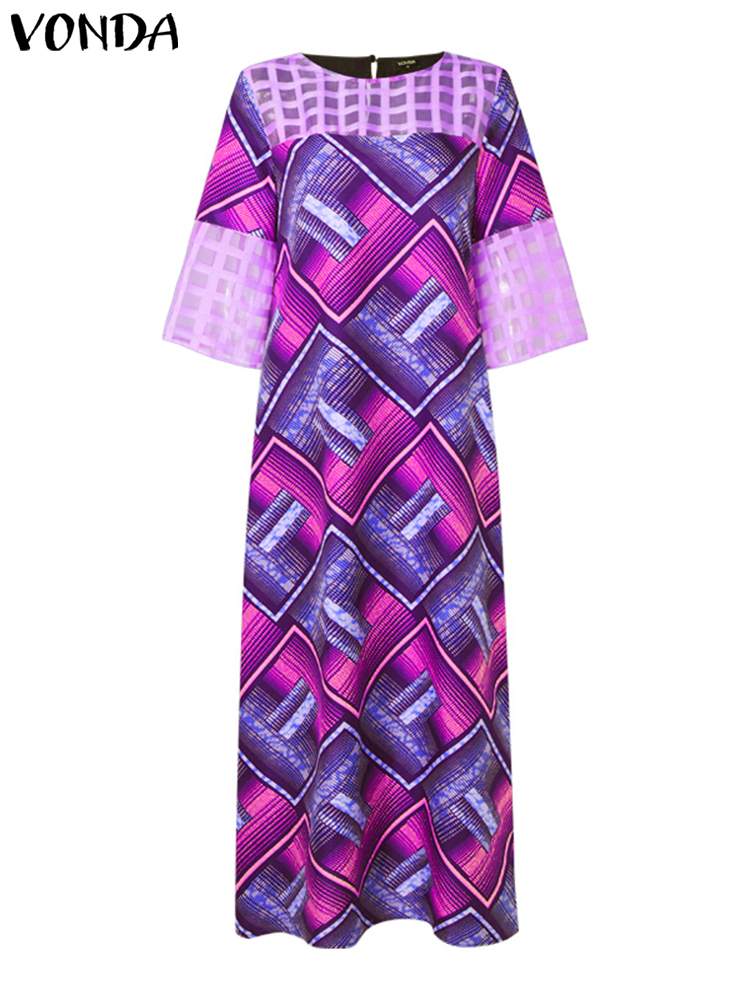 Vonda-ボヘミアンプリントの女性用ドレス,フレアスリーブ,レースパッチワーク,カジュアル,サマーパーティー,2022, 2024