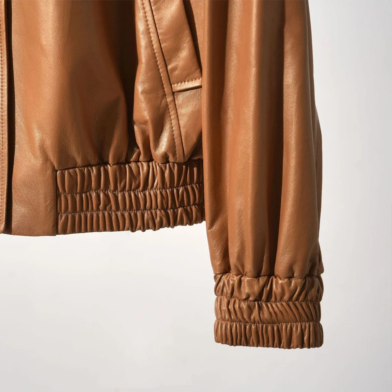 Damen Echt lederjacke neue Mode Knopf lose Langarm weibliche elastische Taille lässig Schaffell Jacke Mäntel Tops