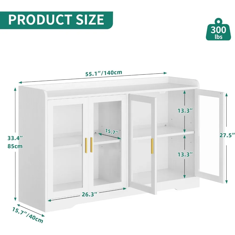 Home Bar Cabinet w/LED Light,  55'' Liquor Cabinet with 4 Doors,  Coffee Bar Cabinet with Adjustable Shelves