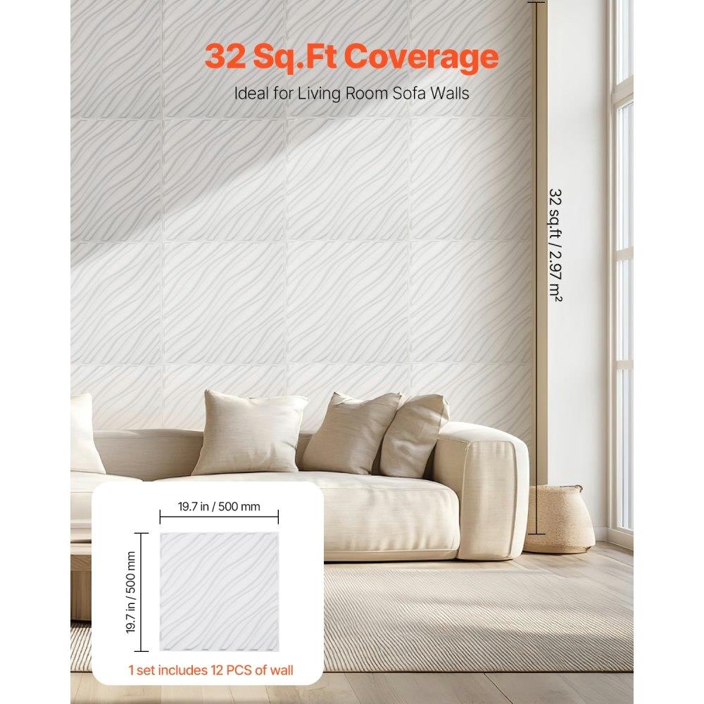 3D Wall Panels 12-Pack 19.7x19.7 inches PVC 32 Sq Ft Coverage Wave Matte White