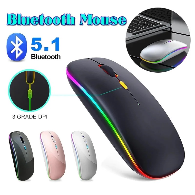 Ratón inalámbrico Compatible con Bluetooth, 2,4 GHz, modos duales, recargable, RGB, ergonómico, silencioso, clic para PC, iPad, portátil, Huaiwei