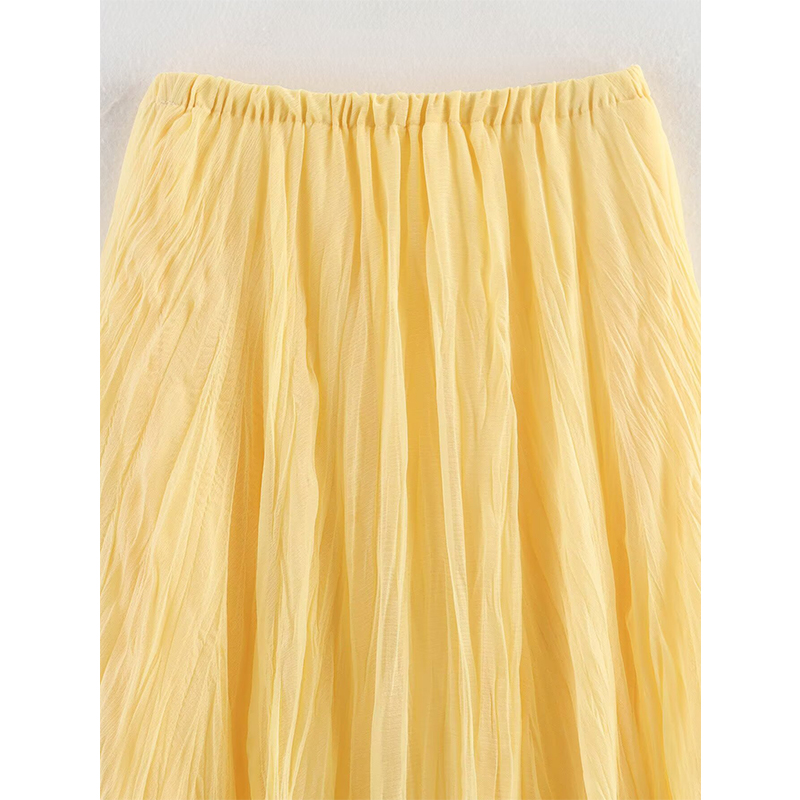 YENKYE Vrouwen Crinkle A-lijn Midi Boter Gele Rok Elastische Taille Lente Zomer Vakantie Elegante Rokken Nieuwe 2025 faldas mujer
