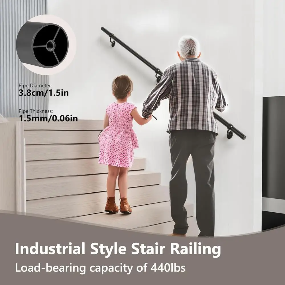 Aluminum Handrails Indoor Outdoor Stair Railing Wall Mount Support Heavy Duty 440lbs Anodized Finish Easy Install Industrial