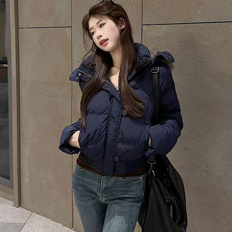 Gola de pele coreana com capuz parkas senhoras design de moda recortado algodão acolchoado jaqueta de inverno feminino azul casual quente parka casacos