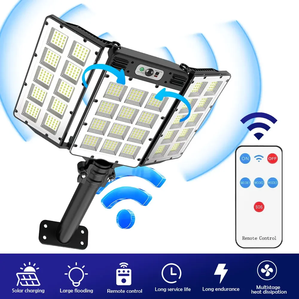 Luzes solares led 800led ao ar livre ajustável 3 modos sensor de movimento luzes de inundação ip66 à prova dip66 água controle remoto lâmpada do jardim