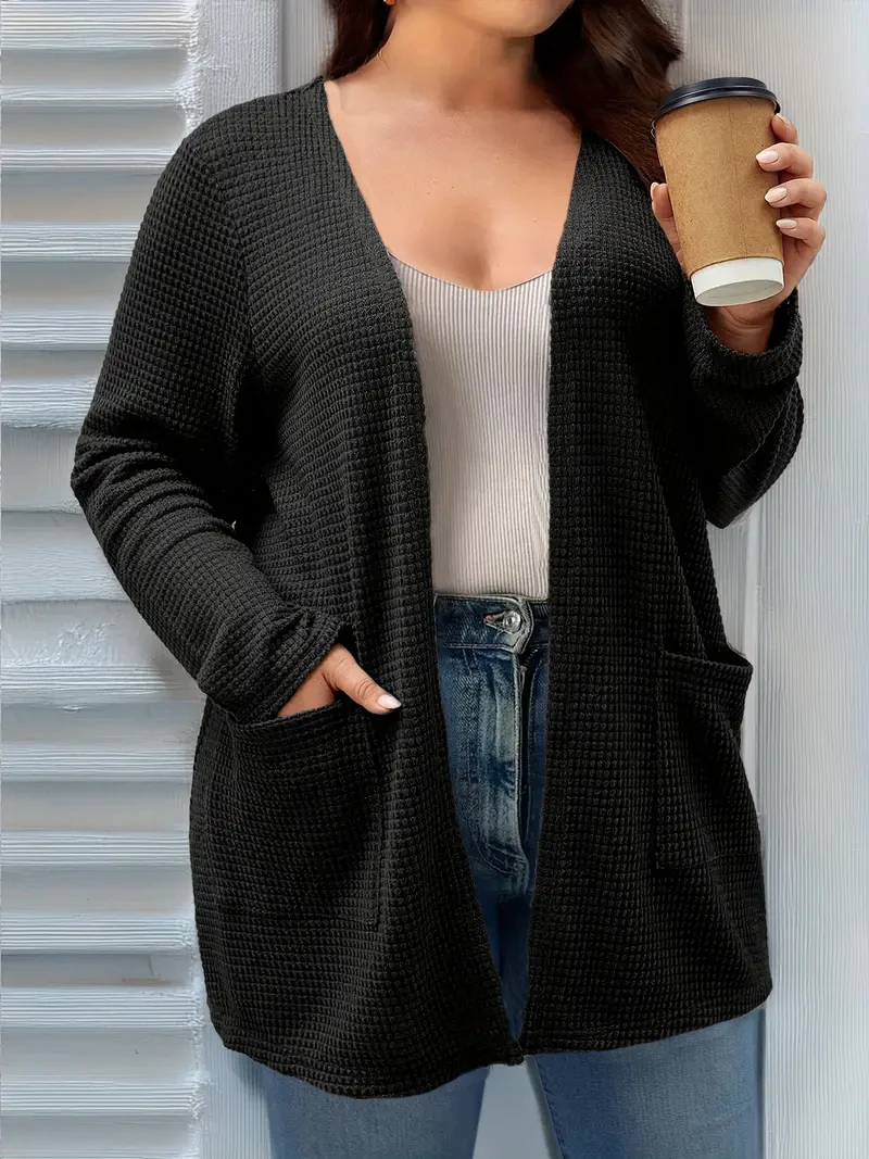 Plus-Size-Cardigan-Mantel in reiner Farbe mit Tasche, lässiges Langarmshirt, geeignet für Frühlings- und Herbstkleidung, Damen-Stoff in Übergröße