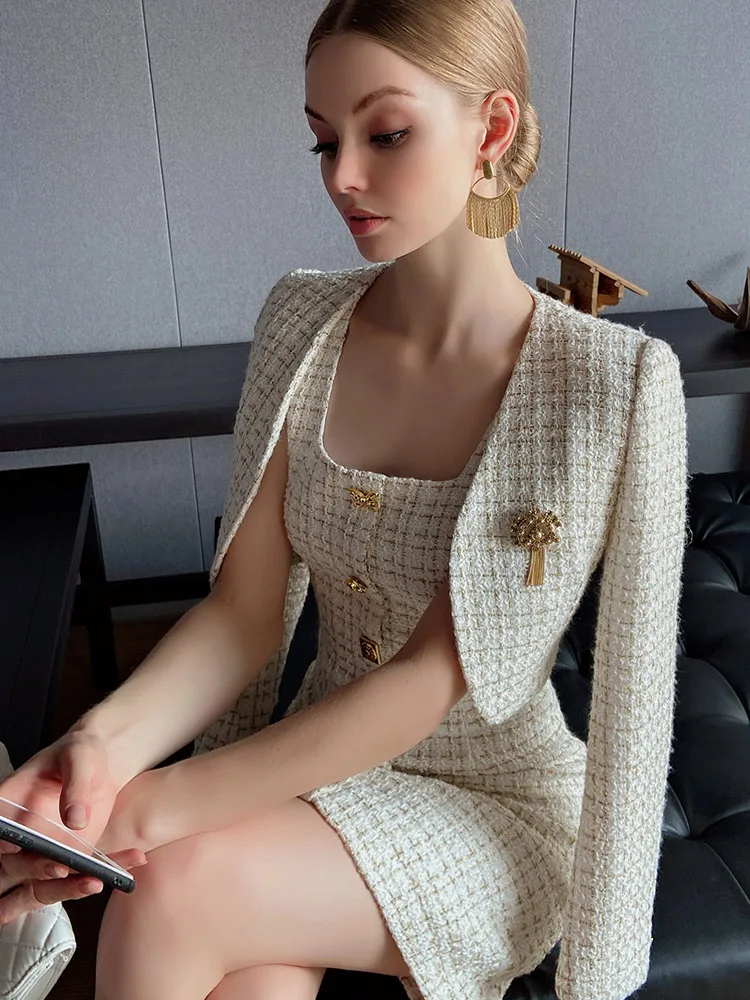Tailor Shop Tweed Crop เสื้อแจ็คเก็ตสี่เหลี่ยมคอชุดสั้น2ชิ้นชุดสูทหญิงฤดูใบไม้ร่วง
