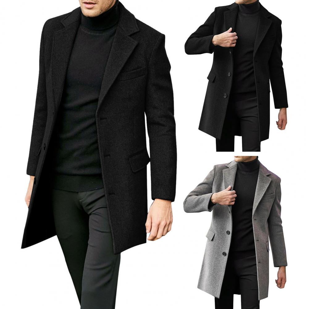 Męski wełniany płaszcz w stylu brytyjskim Kieszenie z klapką Jednorzędowy elegancki męski blezer Trencz Średniej długości długi zimowy ciepły płaszcz