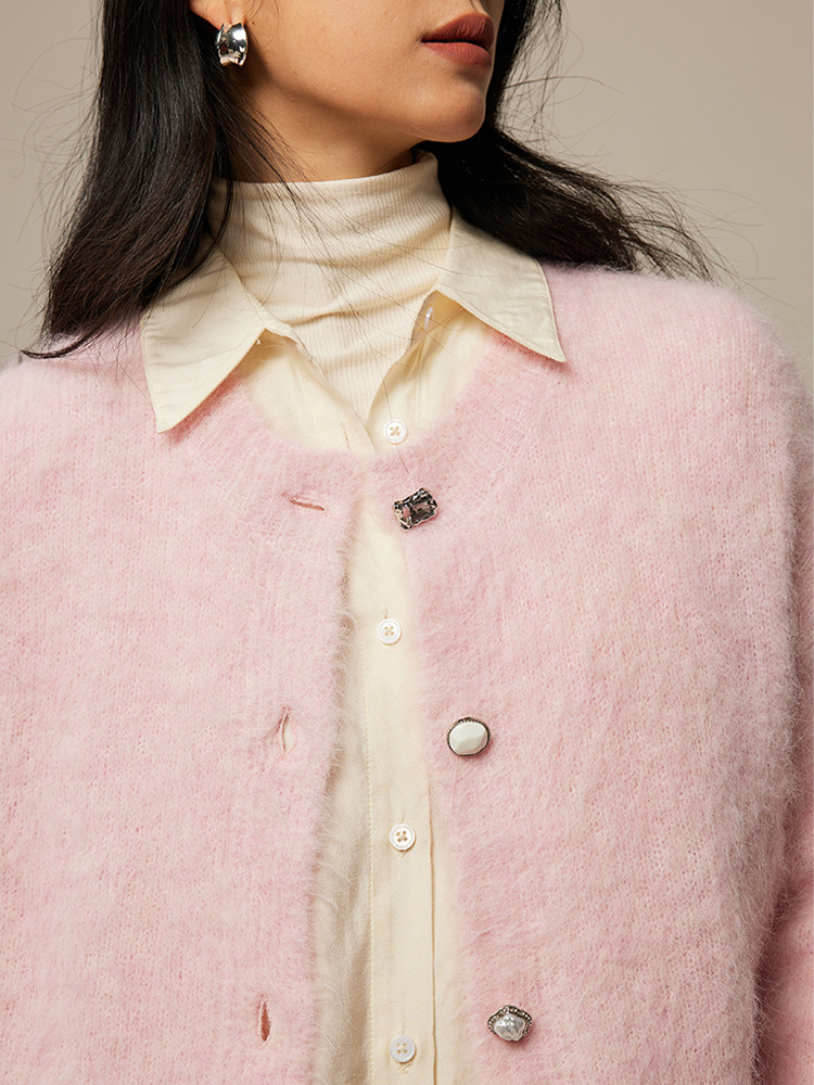 SuyaDream, Women Cardigans, 78%Alpaca, O Neck, Single breasted Solid Sweaters, 2024 Fall Winter Warm Jackets, White, Grey, Pink