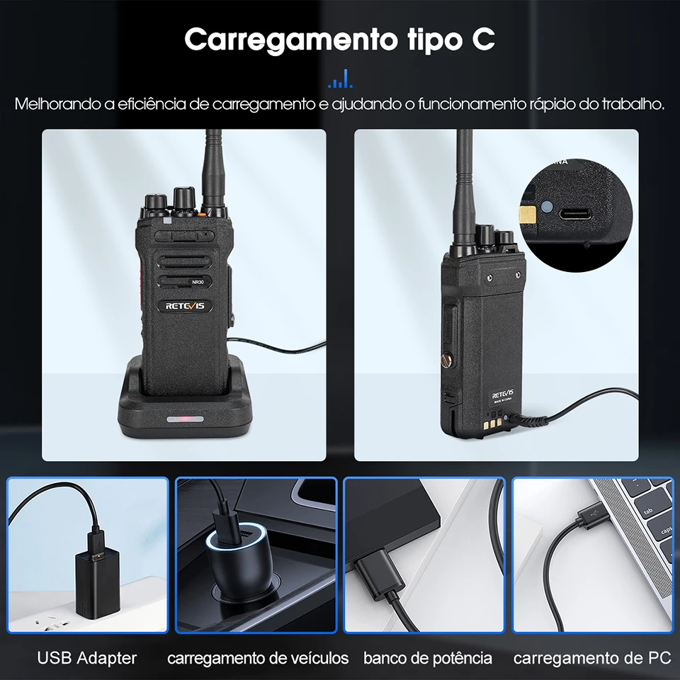 Retevis Walkie Talkie de alta potência NR630 Walkie-talkie bidirecional com redução de ruído IP67 à prova d'água rádio bidirecional tipo C carregador