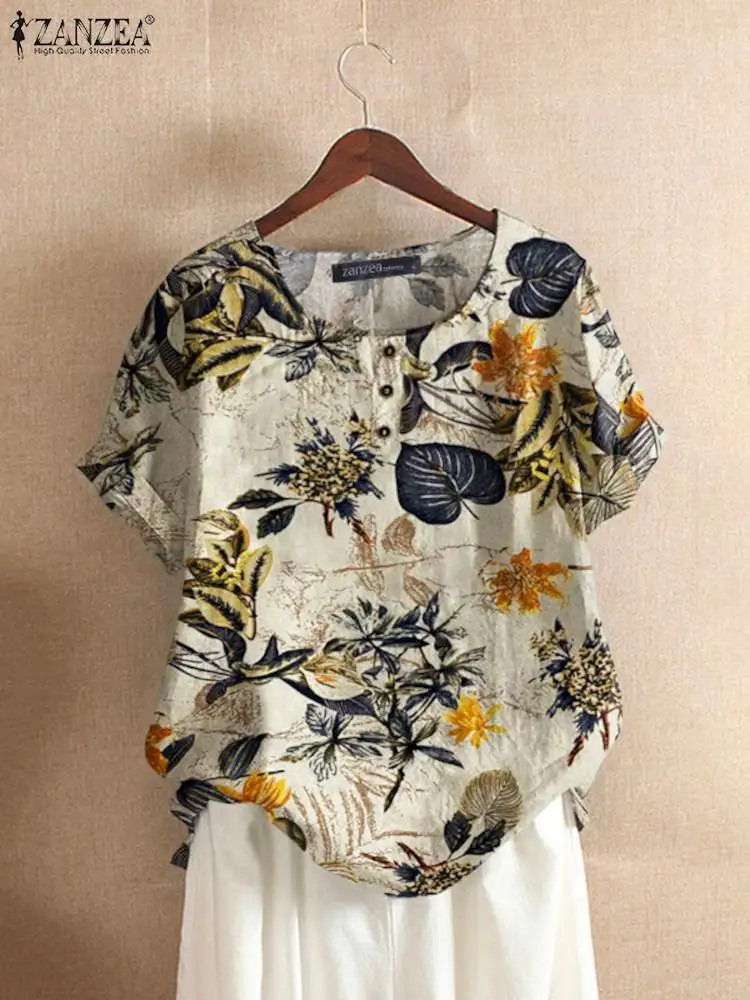 ZANZEA Damen-Baumwollhemd, modisch, mit Blumenmuster bedruckt, Oberteile, Damen, Kaftan, Chemise, 2024, Sommer, kurzärmelig, Blusen, kausale O-Ausschnitt-Tunika