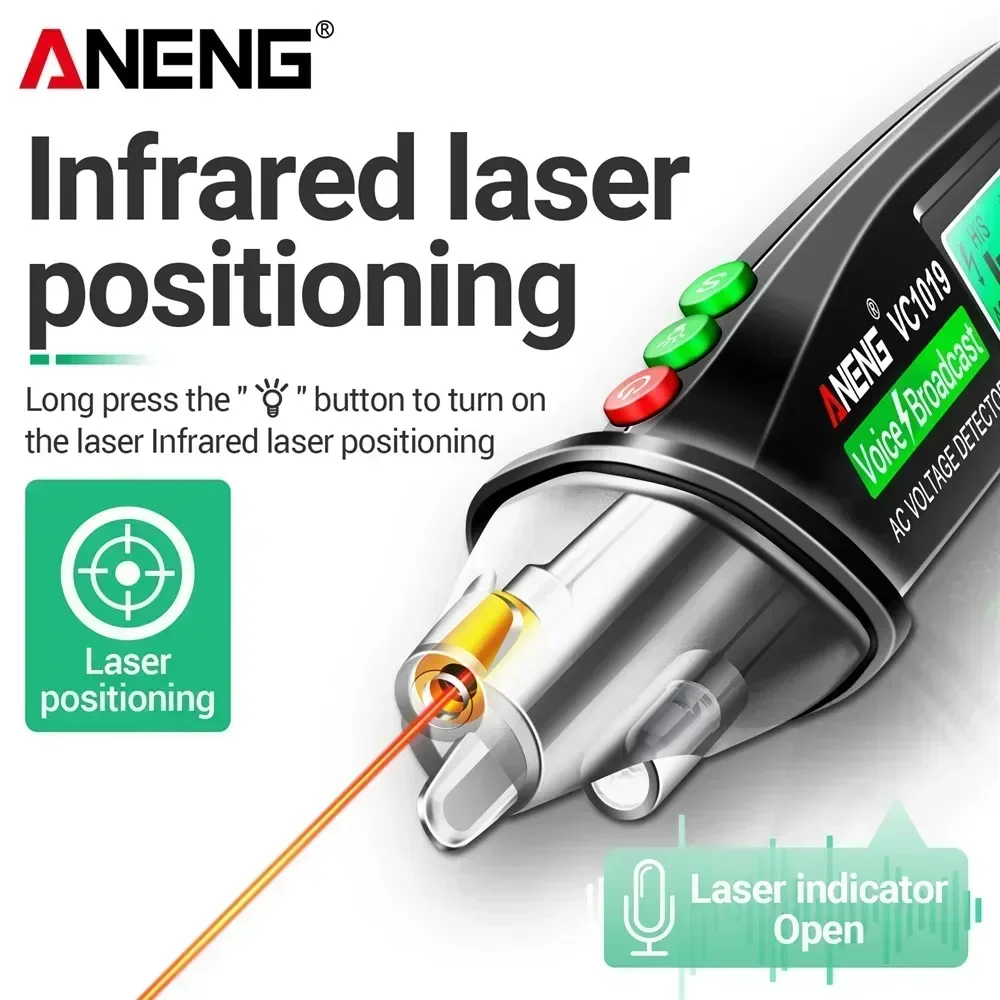 VC1019 Spannungsdetektor Stift Sprachübertragung Berührungsloser roter Laser Erkennen Positionierung Spannungsprüfer Elektrischer Drahtdetektor ANENG