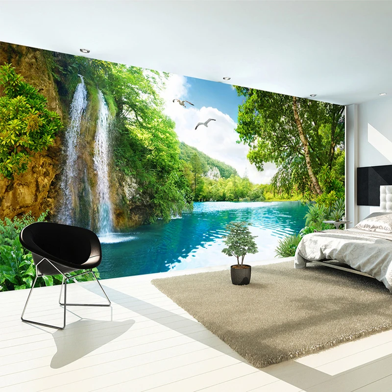 Custom 3D ภาพจิตรกรรมฝาผนังวอลล์เปเปอร์ตกแต่งบ้านสีเขียวภูเขาน้ําตกธรรมชาติภูมิทัศน์ 3D วอลล์เปเปอร์สําหรับห้องนั่งเล่นห้องนอน