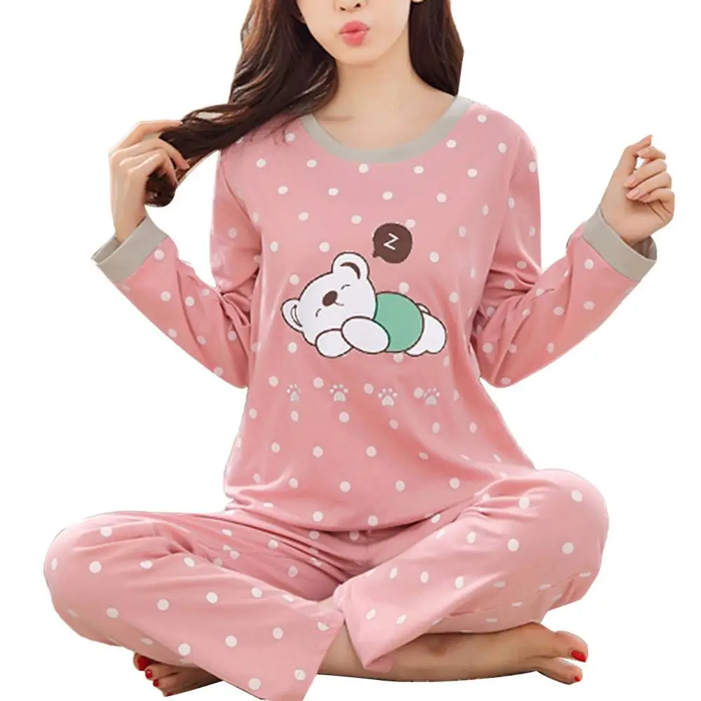Traje de pijama rosa para mujer, Top con cuello redondo de animales de dibujos animados, pantalones largos, conjunto de pijama, ropa de dormir de otoño e invierno, conjunto de pijama para el hogar
