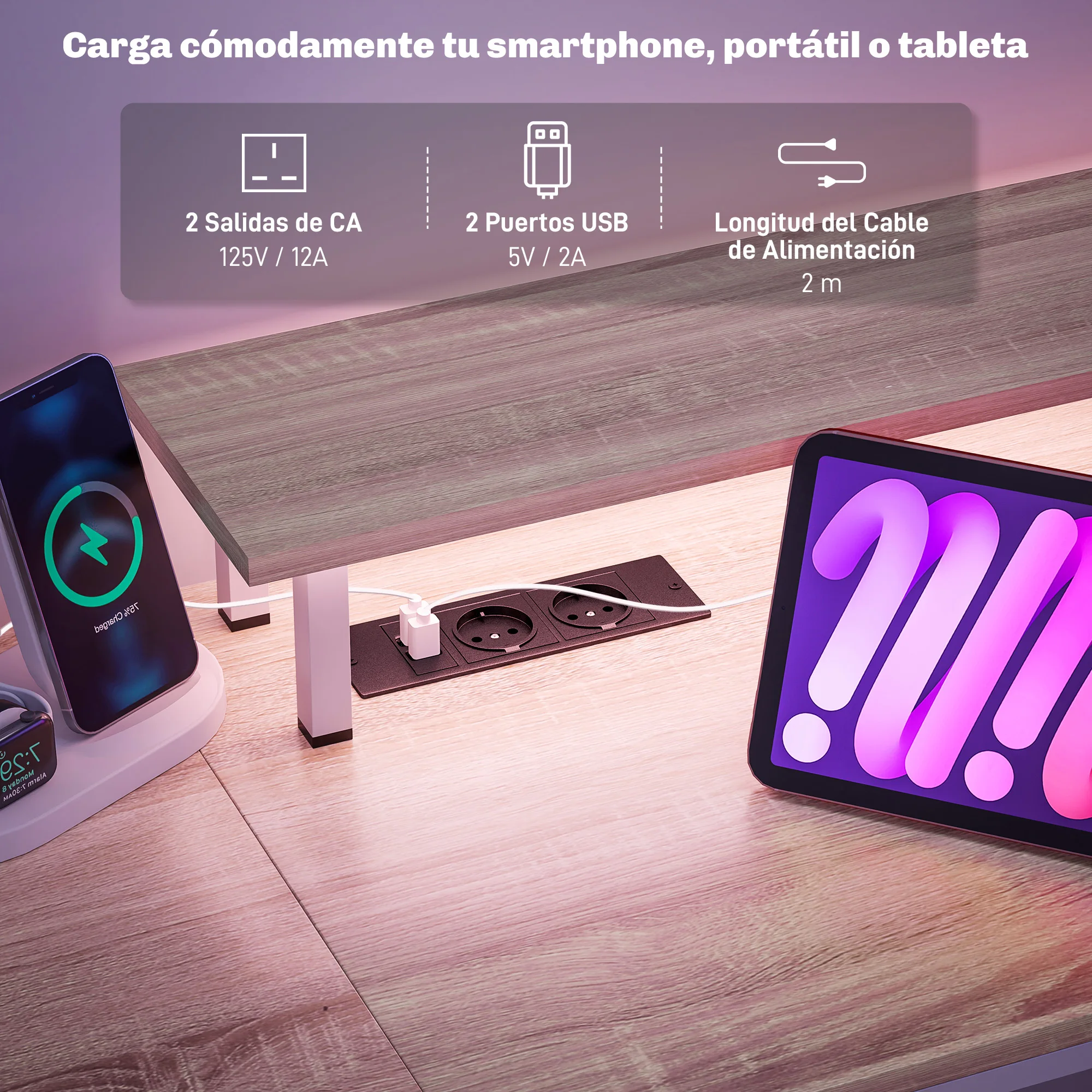 Mesa de escritório HOMCOM com prateleiras de luzes LED 155,5x48x75,5 cm Natural