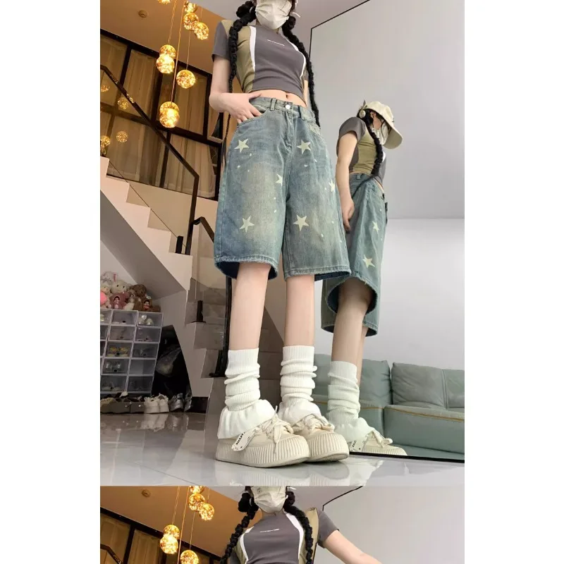 Jean ample à jambes larges pour femmes, imprimé Floral, décontracté, nouveau Design étoile rétro américain, jambe droite, confort, short en Denim doux et extensible