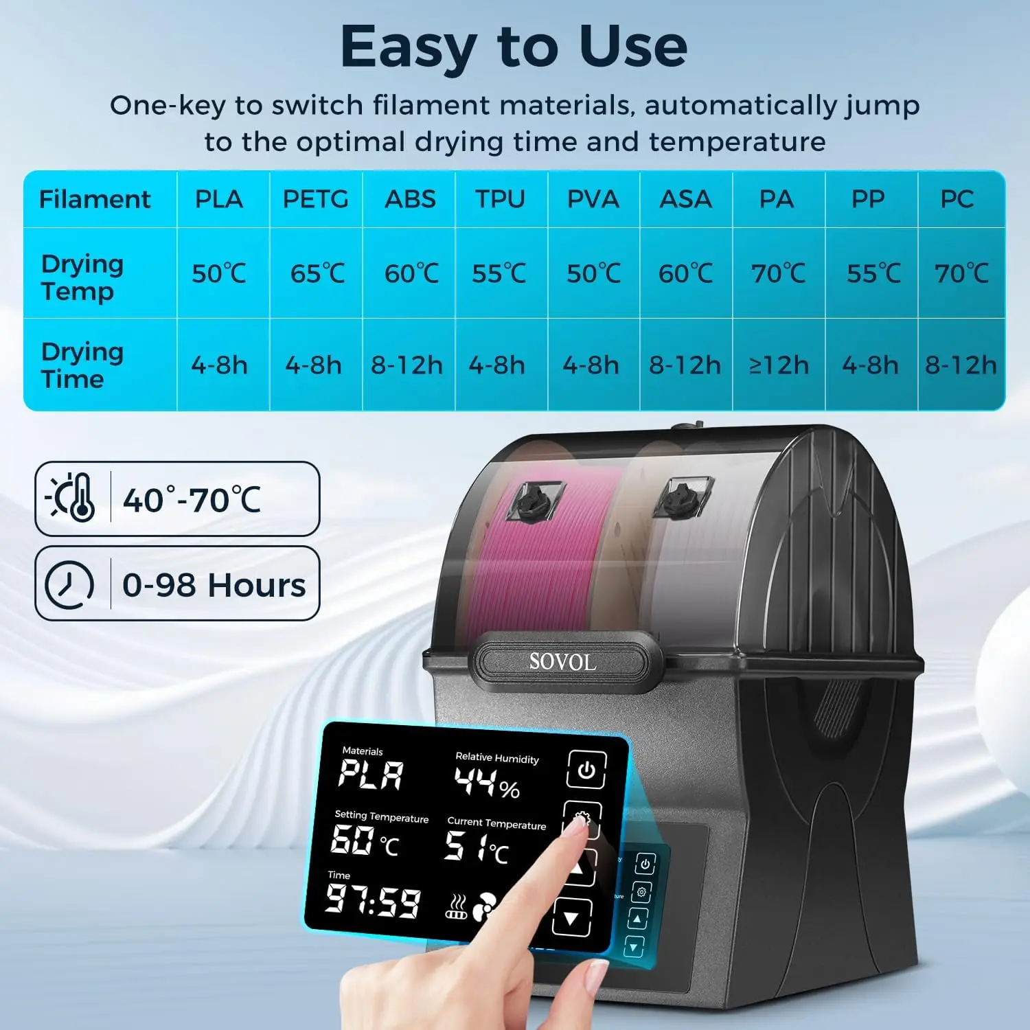 Sovol secador de filamento sh02 caixa seca filamento selado caixa de armazenamento suporte de carretel de impressora 3d com aquecedor ptc desidratador de filamento