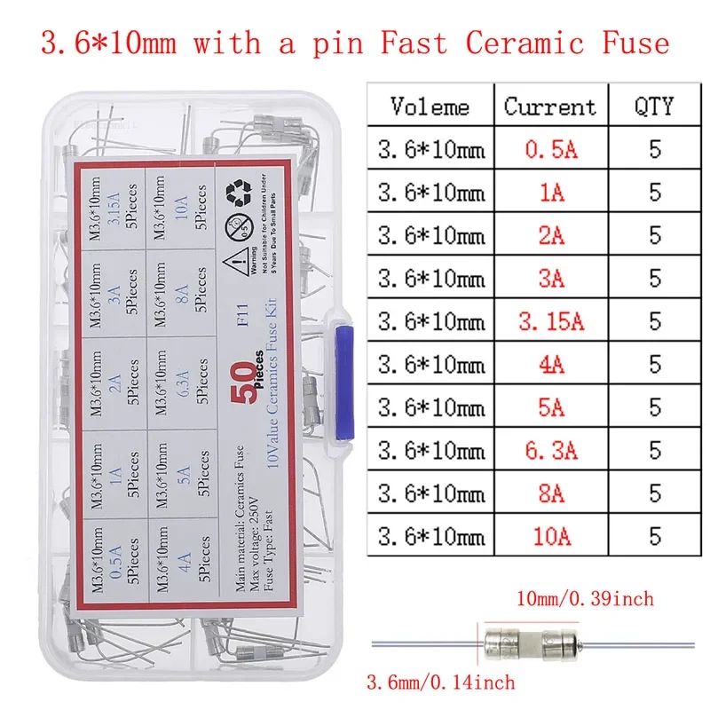 5x20 5x25 6x30 3.6x10 มม.ช้า Fast Blow แก้วเซรามิคฟิวส์สายไฟผสมชุด 0.1A0.2A0.5A1A2A3.15A4A5A6.3A8A10A15A16A20A30A