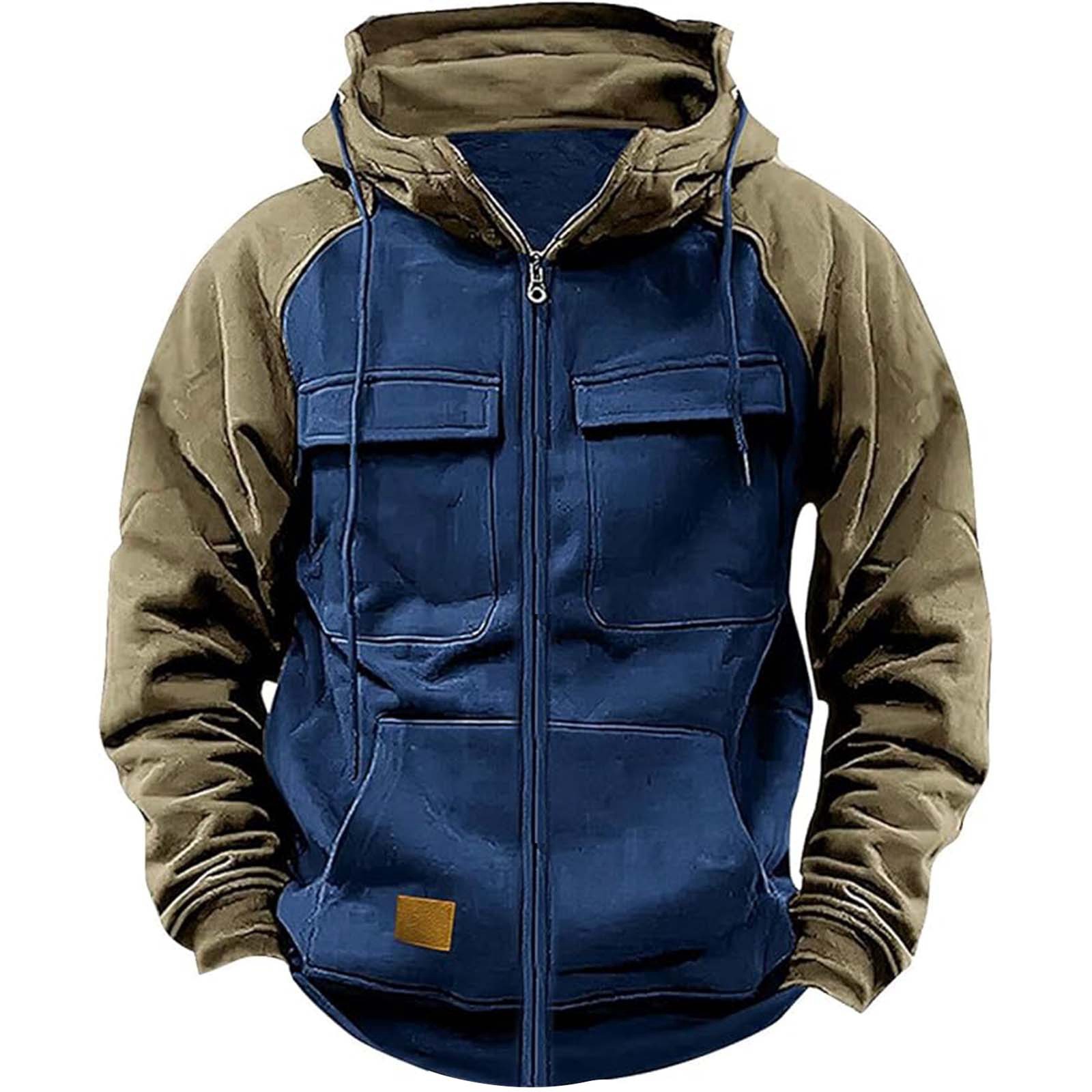 Otoño Invierno sudaderas con capucha hombres cremallera Patchwork cálido polar sudaderas Multi bolsillos moda masculina chaqueta con capucha gruesa al aire libre Sudadera con capucha