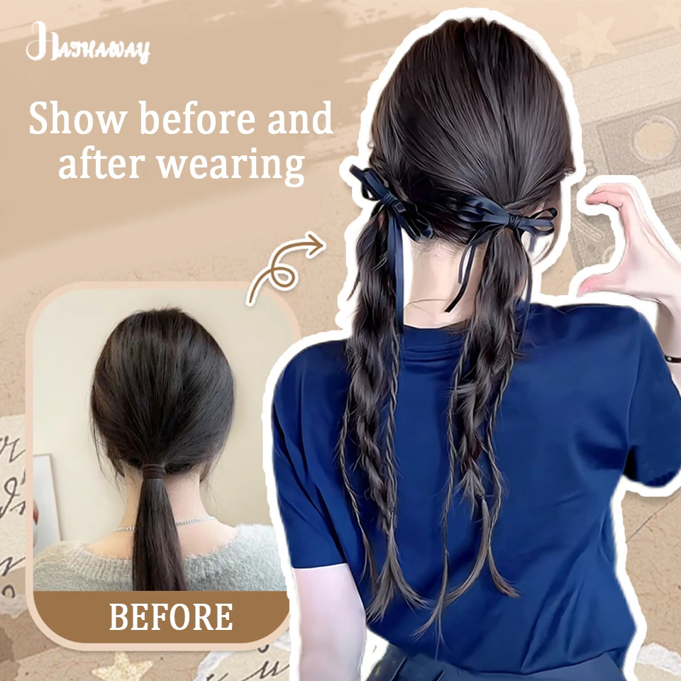 Bow Twist Ponytail Wig Braid Synthetic College Wind Ribbon Twist Braid Natural Fluffy Double Ponytail Wig Daily Wear Ponytaily