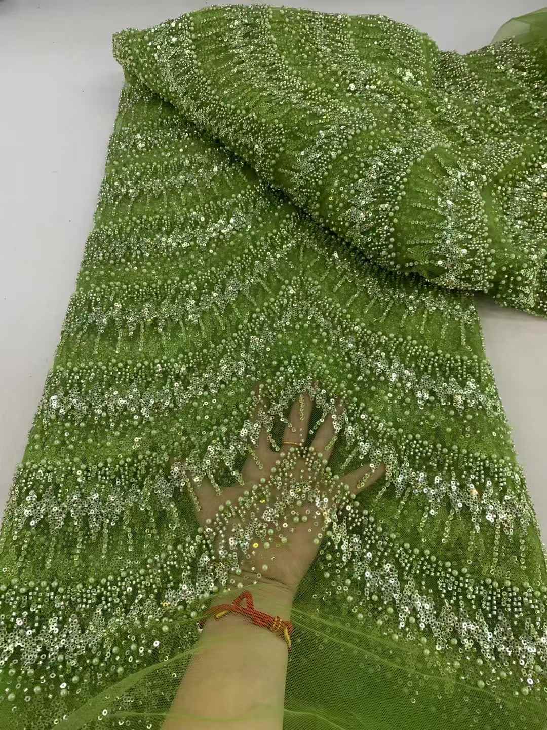 ผ้าลูกไม้ปักเลื่อมงานแฮนด์เมดสุดหรู5หลาผ้าลูกไม้ตาข่ายโปร่งฝรั่งเศสสำหรับชุดแต่งงาน