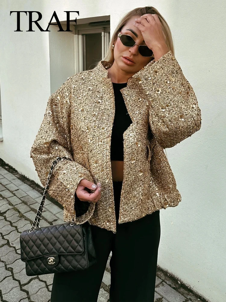 Hh moda feminina brilhante lantejoulas jaqueta y2k cor dourada gola manga longa casaco curto outono inverno senhoras alta streetwear