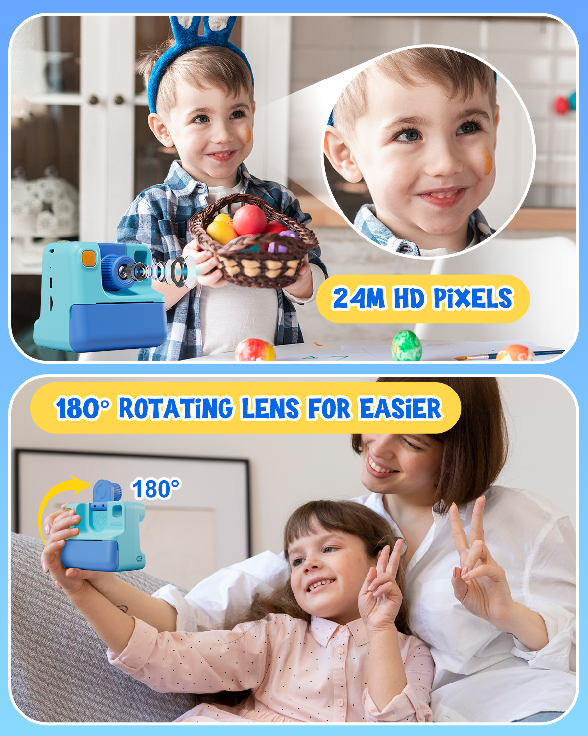 Gofunly Appareil photo numérique pour enfants Jouet 1080P HD Caméra à impression instantanée 180 °   Cadeau de caméra Len Rotation pour filles et garçons
