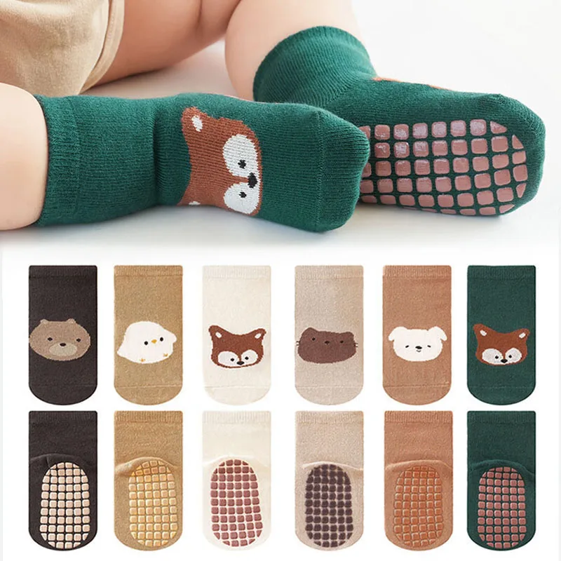6 pares de calcetines antideslizantes para niños, bonitos calcetines de suelo con patrón de zorro y oso de dibujos animados, cómodos para niños y niñas