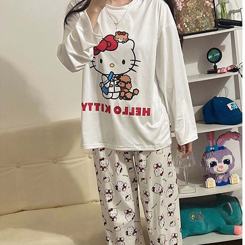 Kawaii Sanrios Hello Kitty Damen Pyjama Set Anime Cartoon Studenten Herbst Winter Polyester Langarm Mädchen Nachtwäsche Geschenk