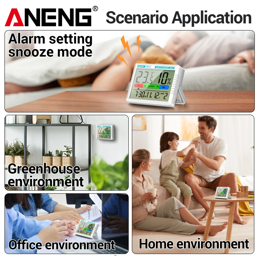 ANENG AP01 LCD Digital Thermometer Hygrometer Indoor Room Temperature Humidity Meter  Alarm Clock Weather Station For Home