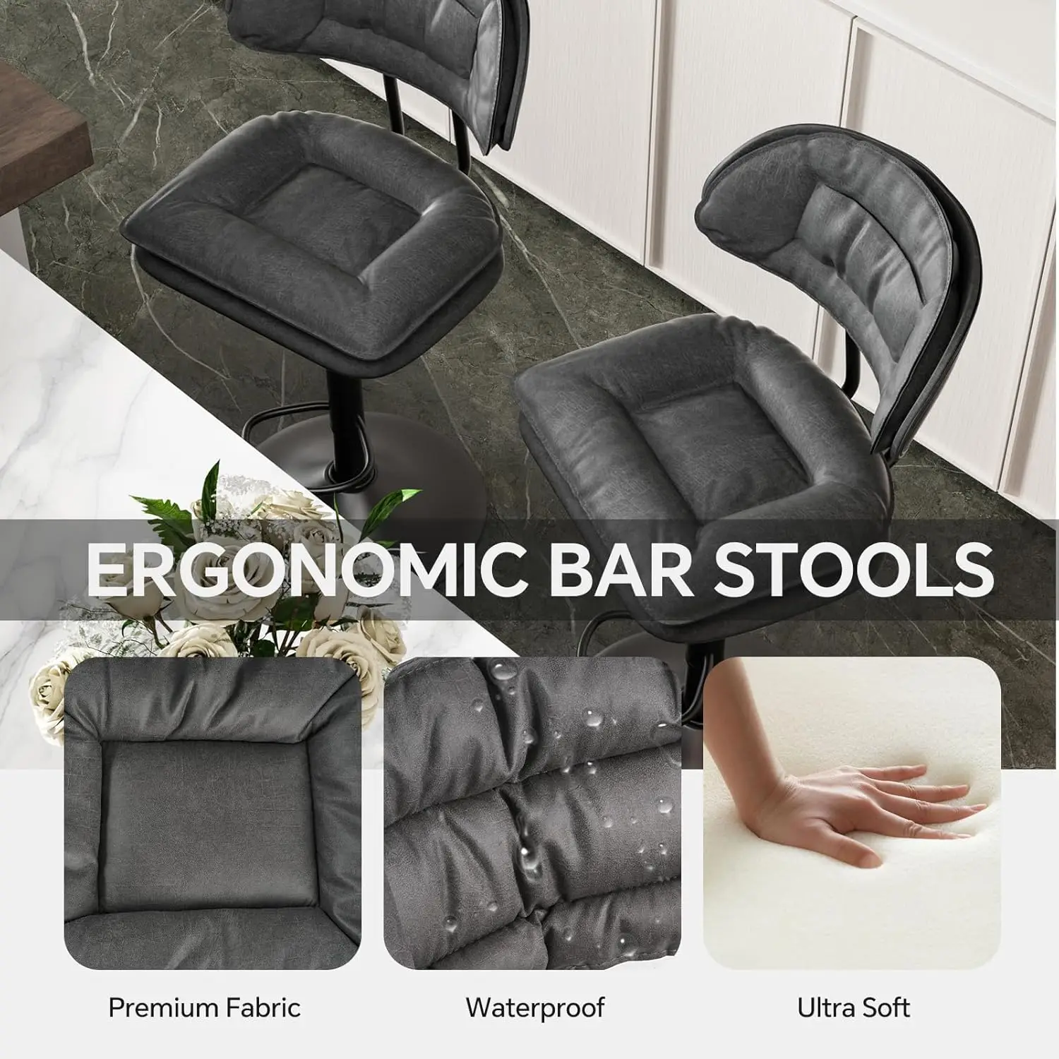 Modern Bar Stools Set of 4, Ergonomic Performance Fabric Upholstered Bar Stools with Back, Double-Layer Adjustable Swivel