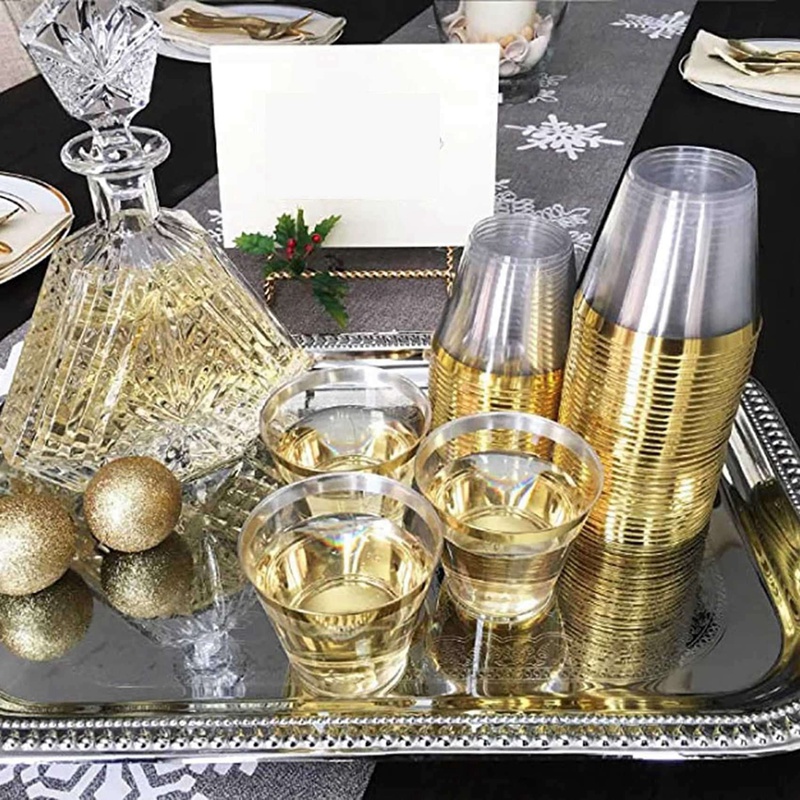 12 PCS Plastic Cup 9 Oz Hard Disposable Cup Plastic Wine Glass Party Wedding Wine Glass Transparent Plastic Cup -Gold Rim