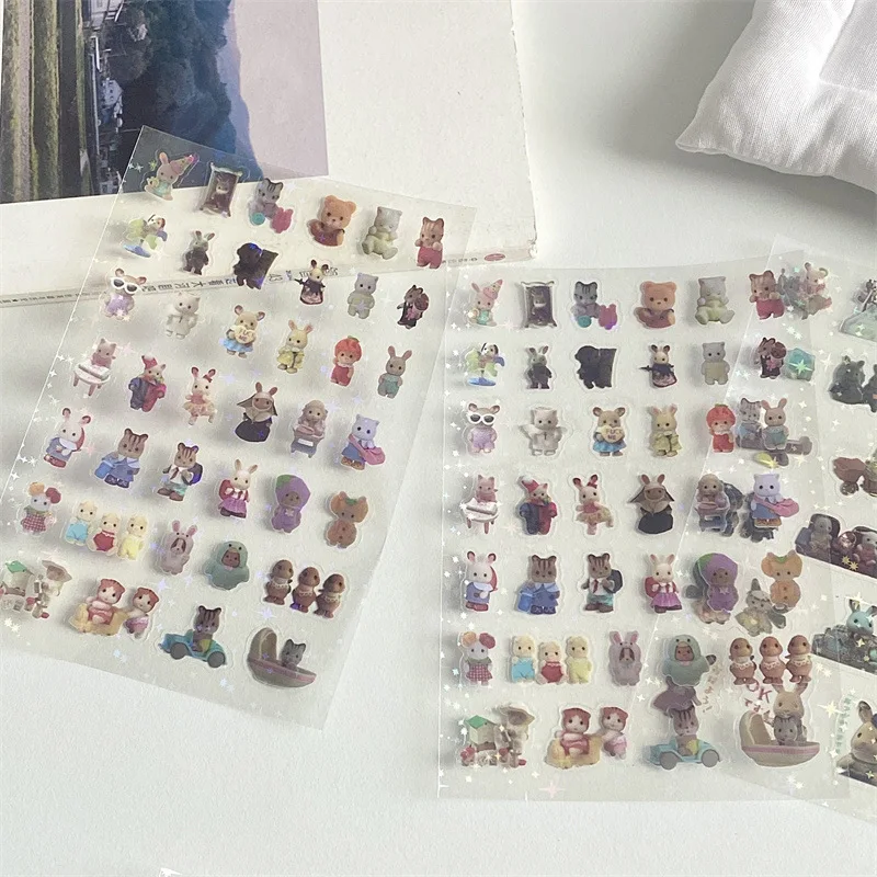 6 個日本のレトロかわいい漫画森林動物ステッカー PET 美的フラッシュフィルム DIY ステッカージャーナルスクラップブック電話ケースデカール