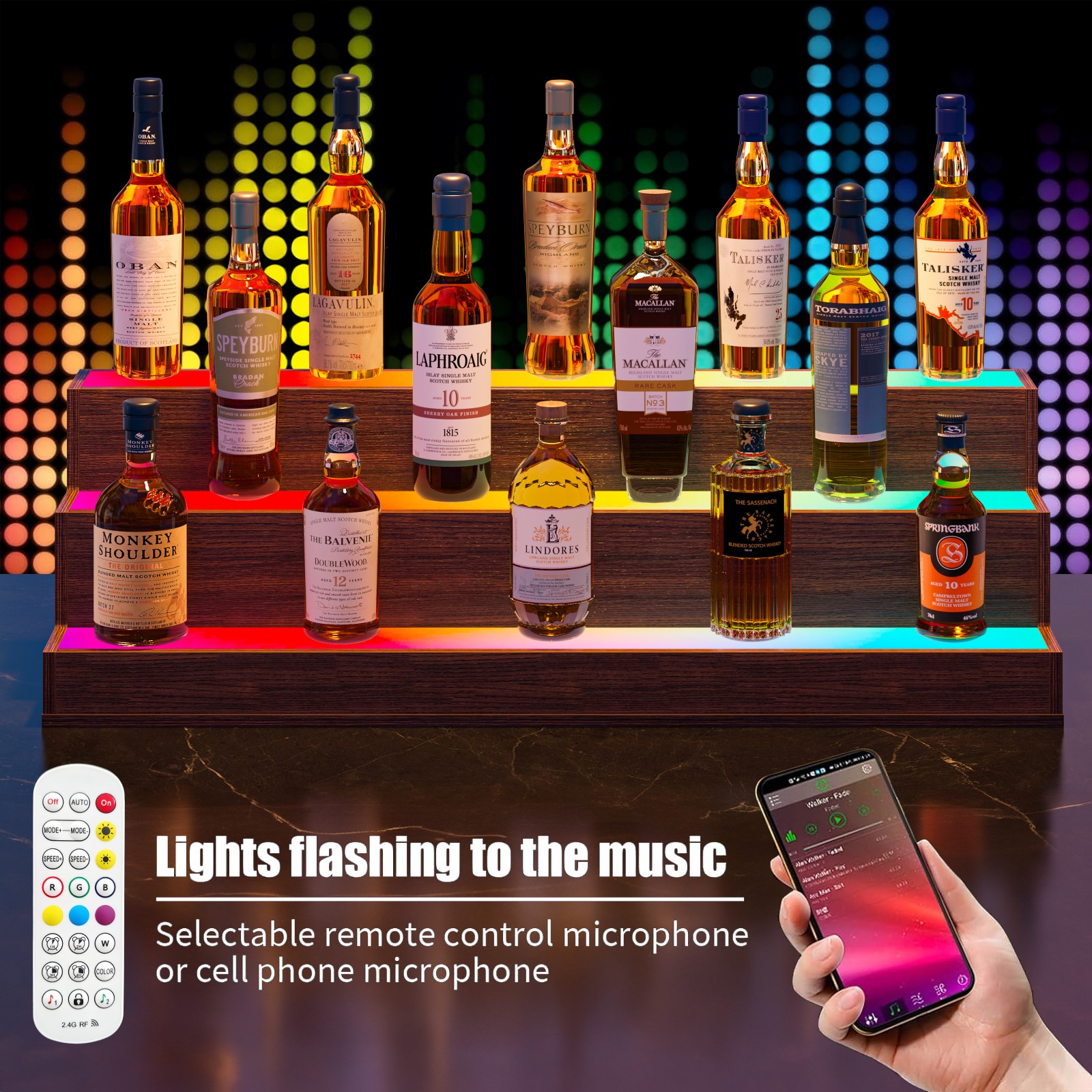 Cubehom LED Bottle Display Shelf, 3 Step Freestanding Bar Shelf with App & Remote Control, Illuminated Drinks Rack, Walnut