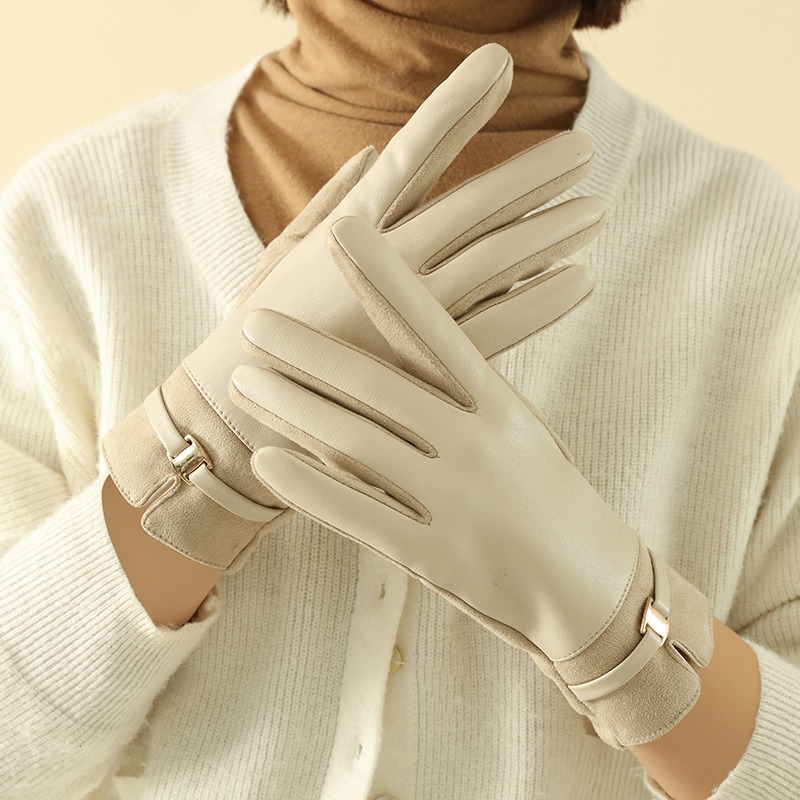 Guantes de invierno de piel de ante para mujer, guantes elegantes a la moda con pantalla táctil que mantienen el calor, estilo de negocios, hebilla de Metal ligeramente impermeable
