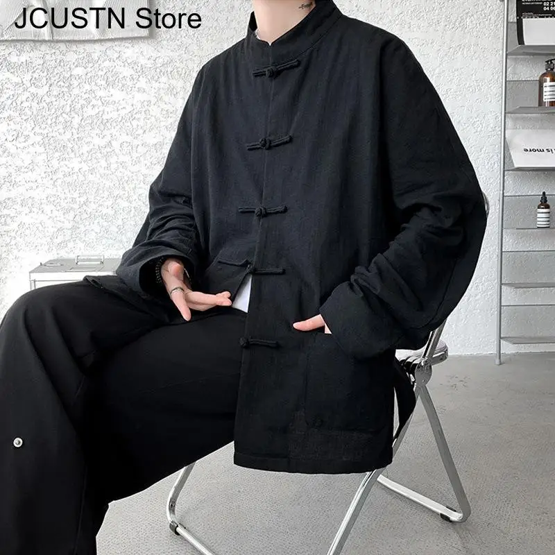Chinese Traditional Clothes Improved Hanfu Cotton Qipao Top Autumn Spring Casual Outwear Male Big Size Shirt Kungfu Jackets