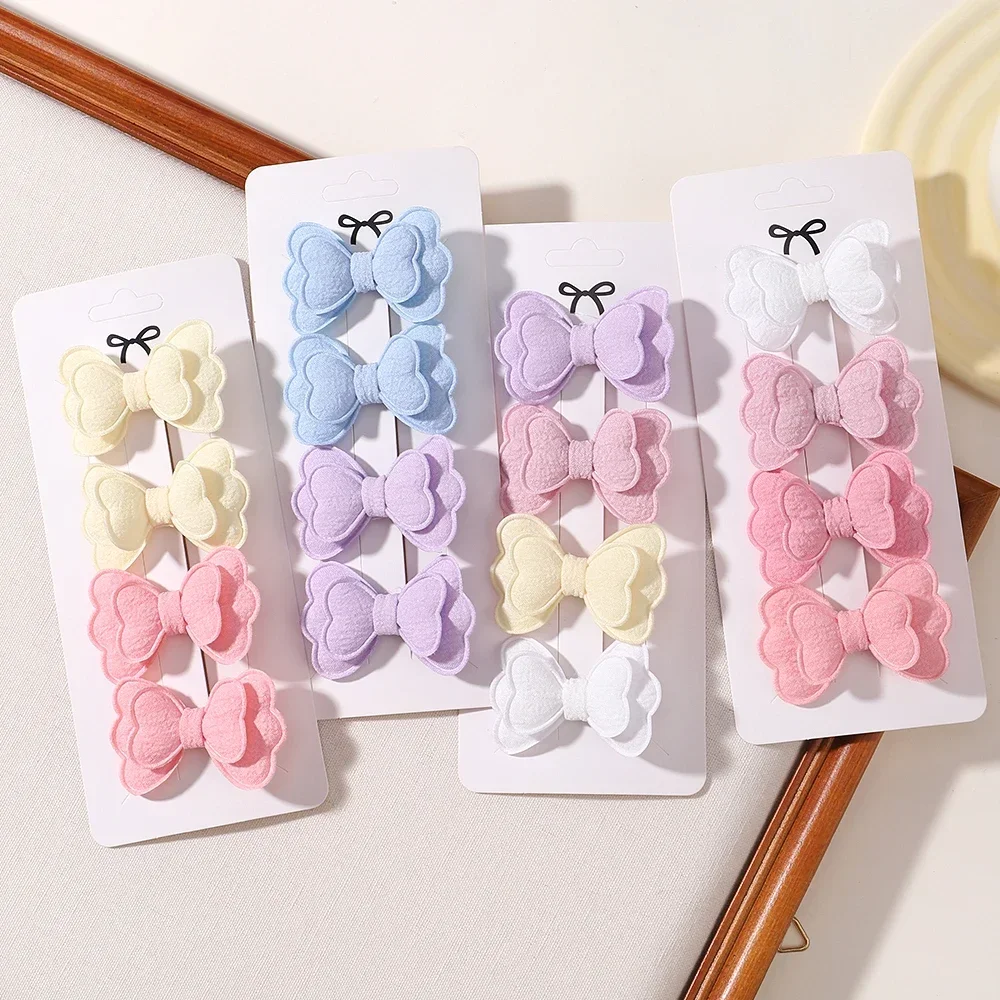 4 pçs/set doce colorido conjunto de grampo de cabelo para meninas arco dupla camada bonito franja pino de cabelo algodão seguro crianças acessórios para o cabelo do bebê