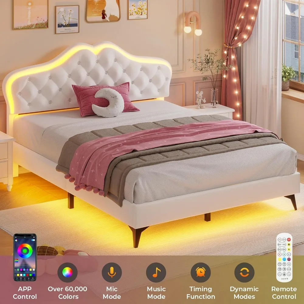 Full Bed Frame with RGB LED Lights, Princess Bed Frame with Adjustable Crystal Button Headboard, Velet Upholstered Platform Bed