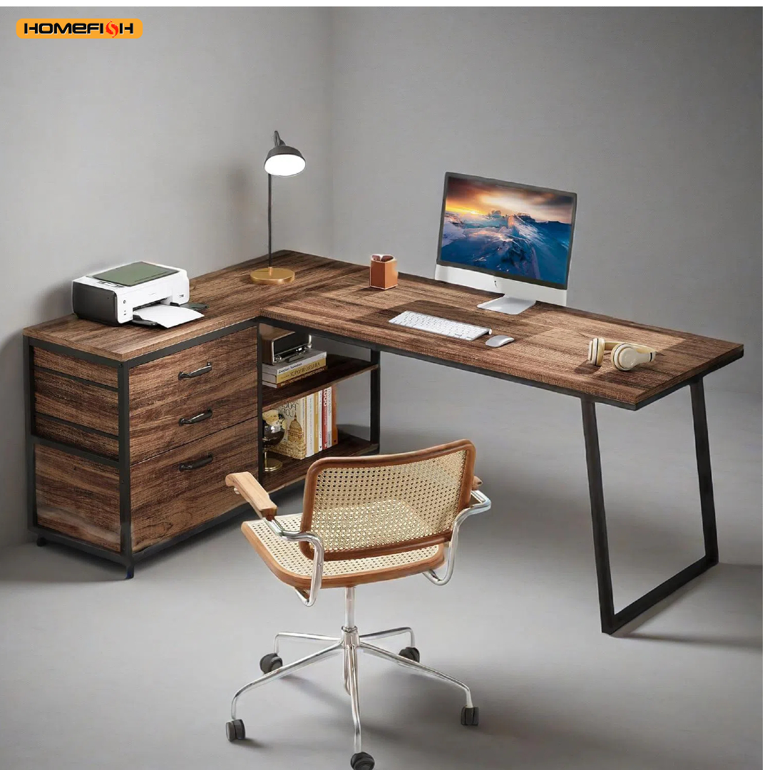 L Shaped Office Desk, Reversible Corner Computer Desk with 3 File Drawers and 2 Storage Shelves for Home Office, Study