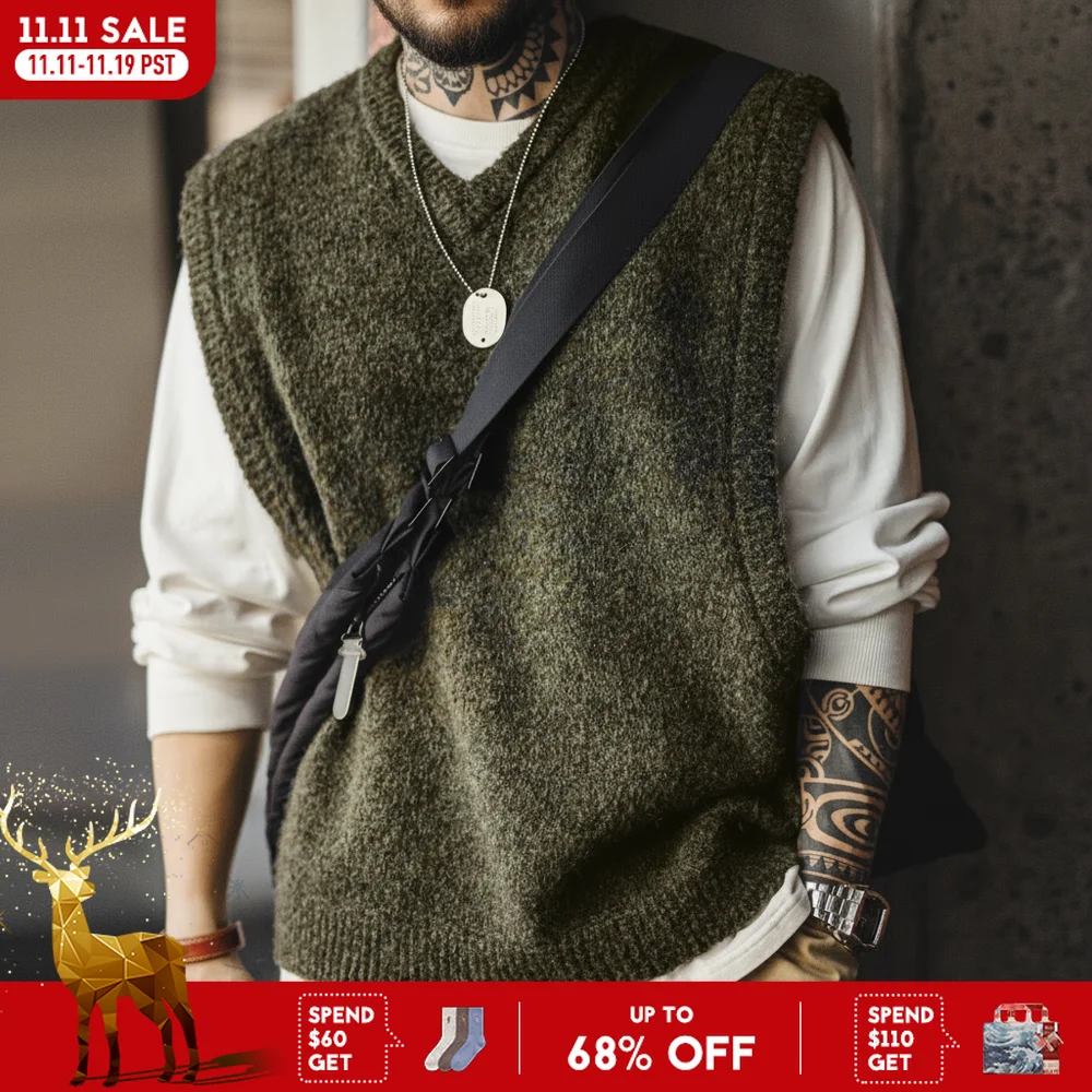 Maden Retro-Strickweste mit V-Ausschnitt zum Schichten, solider Pullover, warme ärmellose Weste für Herren-Strickoberteile für Herbst und Winter