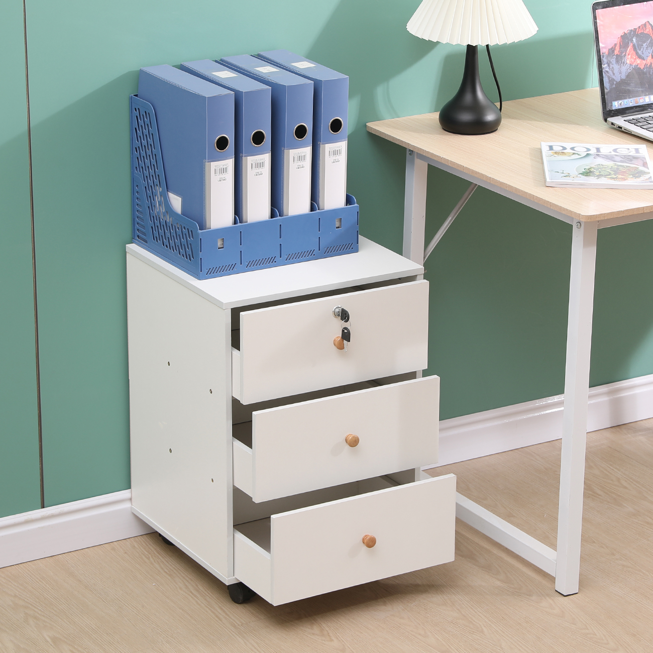 BonChoice 3 Drawers Mobile File Cabinets Pedestal Office Filing Cabinet Lockable with Rolling Casters, Wood Under Desk Storage