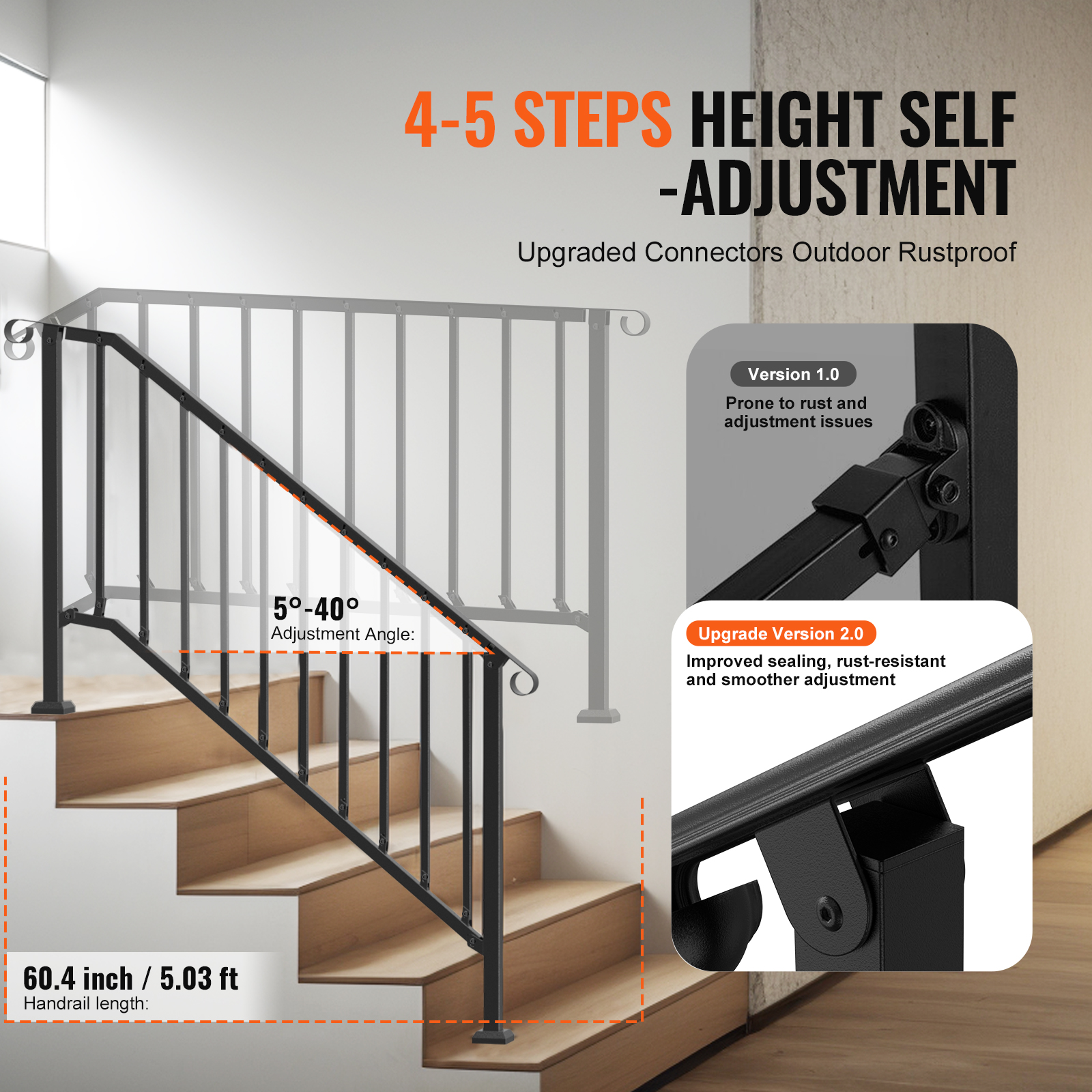 SucceBuy Handrails for Outdoor Steps 5 Step Stair Hand Rail Kit for Seniors Concrete Steps & Porch & Deck Black Retro Arch