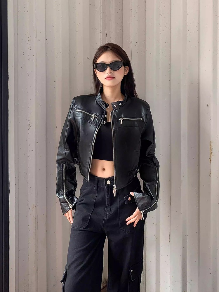 Spring 2025 Women's Slim Fit Short Leather Jacket American Retro Sle Sexy Girl High End Feelings Outerwear Zipper Design